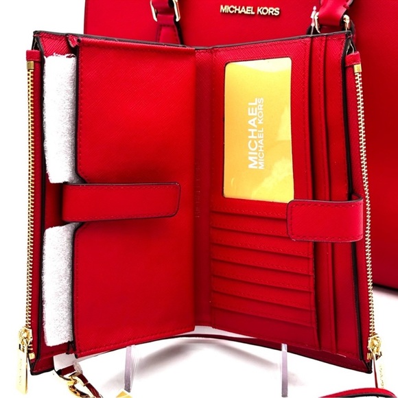 Michael Kors Sheila Medium Center Zip Satchel Bag & Large Double Zip Wallet Red - Picture 14 of 16